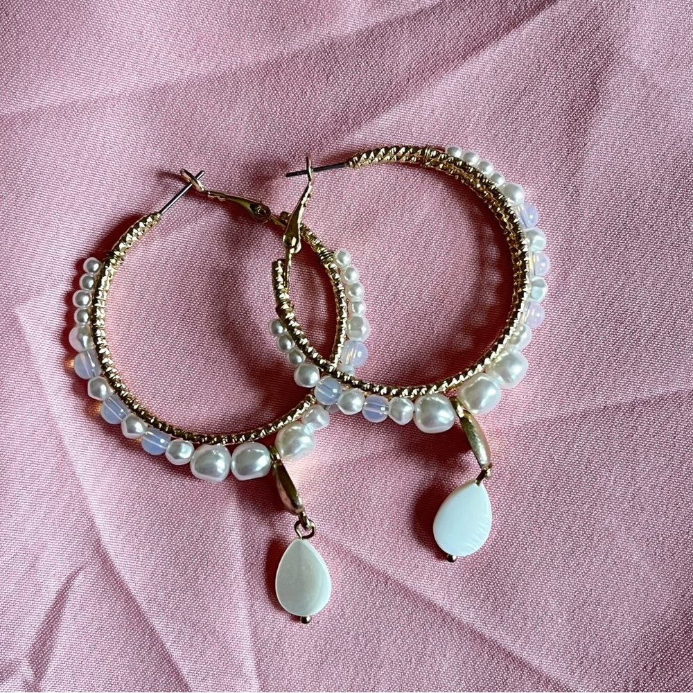 Gold and White Minimalist Earrings with Opal Accents